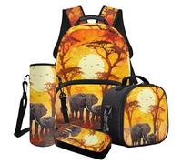 LACIYISON Sun Bird Elephant Breadfruit Tree Print Backpack Set with Lunch Bag Water Bottle Bag Pencil Box School Bookbags Set for Boy Girls Secondary Primary Middle School