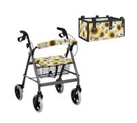 LACIYISON Sunflower Bee Print 3 PCS Walker Accessories Set for Seniors Universal Walker Seat and Backrest Covers and Large Capacity Storage Bag Under Seat