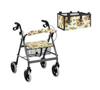 LACIYISON Sunflower Bee Print Rollator Walker Accessories Set, Breathable Walker Seat Cover Backrest Cover, Replacement Under-Seat Storage Bag for Elderly