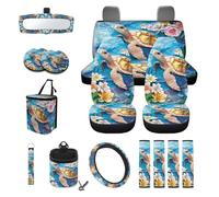 LACIYISON Turtle Floral Print Car Front Back Seat Covers Set of 15 Steering Wheel Covers Trash Cans Air Vent Storage Bag Seatbelt Strap Cover Rear View Mirror Covers Cup Coasters Keychain