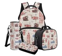 LACIYISON Union Jack Big Ben Double-Decker Bus Heart Print Backpack Combo Sets for Teens Boys Primary Junior Middle School Bookbags Set with Lunch Bag Pencil Case Water Bottle Sleeve