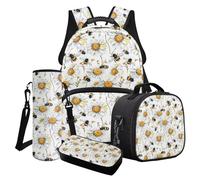LACIYISON Vintage Daisy Bee Print 4 Pcs Backpack with Side Pocket Waterproof Rucksack Primary Schoolbag with Lunch Bag Pencil Case and Water Bottle Carrier Bag Waterproof Daypack