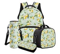 LACIYISON Vintage Floral Lemon Print Junior High School Backpack Sets 4 Pcs Bookbage with Lunch Box Water Bottle Carrier Bag Pencil Case Lightweight Bookbag Travel Rucksack