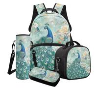 LACIYISON Vintage Peacock Butterfly Floral Print Teenage Waterproof Backpack with Lunch Bag Pencil Box and Water Bottle Carrier Bag Multiple Pockets Large Backpack Set for High School