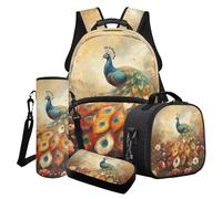 LACIYISON Vintage Peacock Flower Print 4-in-1 School Bag Set Junior High School Backpack Sets Boys Rucksack for Teenage Secondary Primary Middle School Waterproof Knapsack