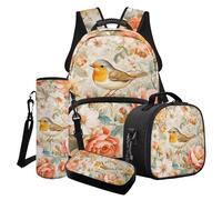 LACIYISON Vintage Peony Flower Robin Print 17 Inches School Backpack Set with Lunch Bag Insulated for Girls Lightweight Satchel with Pencil Pouch and Water Bottle Carrier Bag