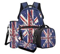 LACIYISON Vintage Union Jack Football Print Kids Backpack 4 Piece Set with Shoulder Bag for Lunch Water Bottle Carrier Bag and Pencil Pouch Satchel for Teenage