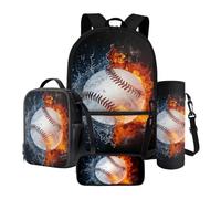 LACIYISON Water Flame Baseball Print 4-in-1 School Bag Set Junior High School Backpack Sets Boys Rucksack for Teenage Secondary Primary Middle School Waterproof Knapsack