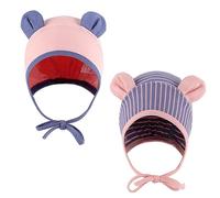 LACOFIA 2 Pack Baby Beanie Earflaps Hat Infant Toddler Girls Soft Cotton Knit Hats Pink/Blue Stripe 0-9 Months S