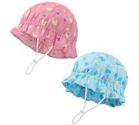 LACOFIA 2 Pack Newborn Sun Hat Cotton Baby Girls Summer Hat Infant Visor Cap with Adjustable Chin Strap Pink+Blue 0-12 Months