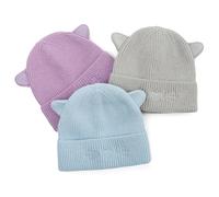 LACOFIA 3PCS Baby Winter Knitted Hat Cat Ears Purple+Gray+Blue 6-36 Months