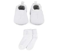 LACOFIA Baby Boys Girls Anti-Slip Soft Sole Christening Baptism Shoes with White Embroidered Cross Socks, Sock Shoes 02, 0-3 Months