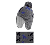 LACOFIA Baby Boys Winter Hat and Collar Scarf Set Knit Toddler Earflaps Beanie Kids Warm Fleece Lining Hat with Pompom, 2 Pack Gray Dinosaur 2-4 Years L