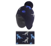 LACOFIA Baby Boys Winter Hat and Collar Scarf Set Knit Toddler Earflaps Beanie Kids Warm Fleece Lining Hat with Pompom, 2 Pack Navyblue Dinosaur 2-4 Years L