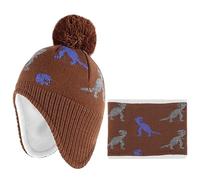 LACOFIA Baby Boys Winter Hat and Collar Scarf Set Knit Toddler Earflaps Beanie Kids Warm Fleece Lining Hat with Pompom, 2 Pack Brown Dinosaur 2-4 Years L
