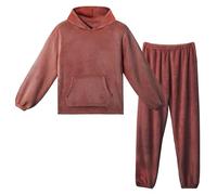 LACOFIA Women Hooded Fleece Pyjamas Sets Adult Pjs Long Sleeve Warm Loungewear Ladies Nightwear Winter Couples Pajamas with Pocket Dark Red 2XL