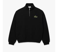 Lacoste Mens Loose-Fit Zip Neck Badge Accent Sweatshirt in Black Cotton - Size Medium