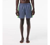Lacoste Mens Mid Length Monogram Print Swim Trunks in Blue - Size Large