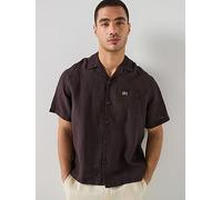 Lacoste Open Collar Linen Short Sleeve Relaxed Shirt, Brown, Size M, Men Brown