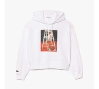 Lacoste Womens Oversized Print Hoodie in White Cotton - Size 14 UK