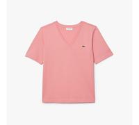 Lacoste Womens Relaxed-Fit Soft Cotton V-Neck T-Shirt in Pink - Size 8 UK