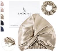 LaCourse Anti-Slip Adjustable 22 Momme 100% Mulberry Silk Bonnet for Sleeping Women, Double-Layered Silk Hair Bonnet for Curly Hair, One Size (21-24" Head Size), Soothing Caramel