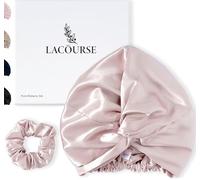 LaCourse Anti-Slip Adjustable 22 Momme 100% Mulberry Silk Bonnet for Sleeping Women, Double-Layered Silk Hair Bonnet for Curly Hair, One Size (21-24" Head Size), Pink