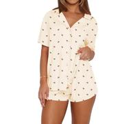 LACOZY Cherry Pajamas for Women Two Piece Pattern Print Sleepwear Sets Short Sleeve V Neck Cute Pj Sets Matching Outfits Apricots 2XL