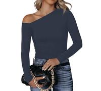 LACOZY Female Off The Shoulder Top Stretchy Tight Shirts Sexy Fashion Trendy Holiday Asymmetrical Neck Knitting Pullover 2025 Navy Blue S