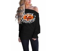 LACOZY Halloween Jumper Women Long Sleeve Off Shoulder Tops Plain Batwing Pullover Sweatshirt Outfit Fashion Black M