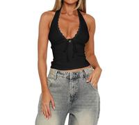LACOZY Lace Trim Halter Deep V-Neck Tank Top Soft Y2K Sexy Sleeveless Tops 2025 Spring Summer Designer Collection Black S