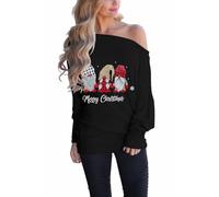 LACOZY Merry Christmas Three Santas Shirts for Women Leopard Plaid Printed Shirt Off The Shoulder Sweater Black Santa Check L