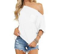 LACOZY Off Shoulder Tops Y2K Tunic Top Pocket a Line Shoulder Top T Shirt Asymmetric Hem Blouse Short Sleeve White M