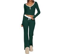 LACOZY Pajama Sets 2 Piece Pullover Top and Pants Set V Neck Color Block Lounge Y2K Stretchy Slim Fit Dark Green M