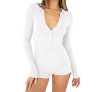 LACOZY V Neck Womens Jumpsuits Sexy Long Sleeve Shorts Romper Y2k One Piece Bodycon Yoga Rompers 2025 Spring Sport Outfit Onesie Bodysuit With Button Down White XL