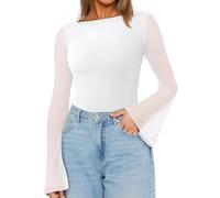 LACOZY Women’s Bell Long Sleeve Shirts Going Out Boat Neck See Through Tops Casual Slim Fit Clothes White S