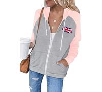 LACOZY Womens British Flag Hoodie Raglan Long Sleeve Casual Drawstring Usa Sweatshirts Zipper Jacket Color Block Tops L