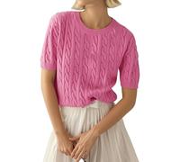 LACOZY Women's Cable Knit Short Sleeve Sweater Summer Knit Tops Crewneck Basic Business Dressy Casual Blouses 2026 Spring Outfit Pink 2XL