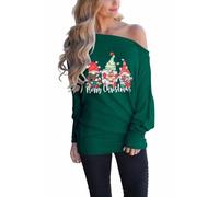 LACOZY Women's Christmas Shirts Off The Shoulder Tops Long Sleeve Graphic Pullover Swertshits Tunic Green L