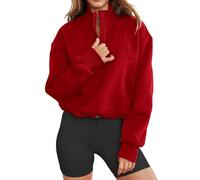 LACOZY Women's Fleece Sweatshirts Half Zip Pullover Long Sleeve Oversized Workout Crop Tops Hoodie with Pocket Red L