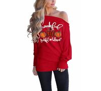 LACOZY Women's Halloween Off Shoulder Sweatshirt Fun Pumpkin Face Slouchy Shirt Long Sleeve Pullover Tops Red S