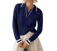 LACOZY Women's Long Sleeve V Neck Cable Knit Sweater Jumper Winter Spring Pullover Top Cute Soft Ladies Dressy Casual Outfits Navy Blue 2XL