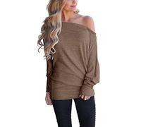 Lacozy Women's Off Shoulder Long Sleeve Oversized Pullover Sweater Knit Jumper Loose Tunic Tops, Coffee, L