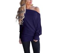 Lacozy Women's Off Shoulder Long Sleeve Oversized Pullover Sweater Knit Jumper Loose Tunic Tops, Navy Blue, Small