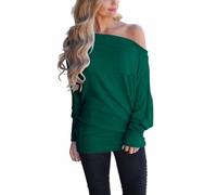 LACOZY Women's Off Shoulder Long Sleeve Shirt Baggy Batwing Top Shirts Jumper Pullover Sweater Green M