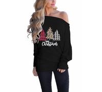 LACOZY Women's Off Shoulder Plus Size Tops Dolman Batwing Sleeve Shirt Oversized Pullover Sweater Black Tree L