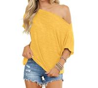 LACOZY Womens Off Shoulder Tops Casual Summer Loose Short Sleeve Shirt Solid Basic Tunic Blouse Yellow 2XL