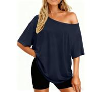 LACOZY Womens Off Shoulder Tops Casual Summer Loose Solid Color Short Sleeve Shirts Tunic Blouse Navy Blue XL