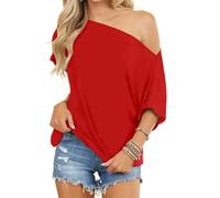 LACOZY Women's Off Shoulder Tops Short Sleeve Casual Loose Batwing Shirts Oversized Blouse Tunic Red M