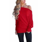 LACOZY Women's Off The Shoulder Casual Tops Loose Long Sleeve Shirt Batwing Sleeve Tunics Blouse Top Red 2XL